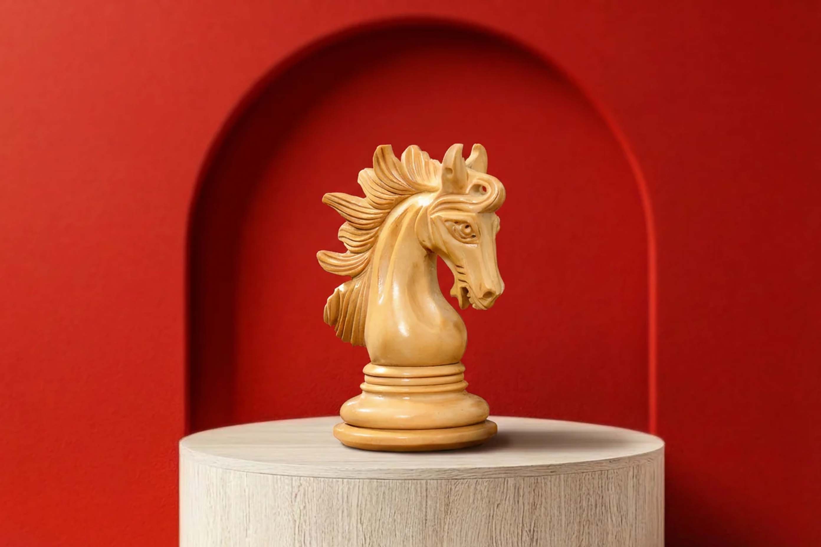 Knight carving detail on the Arabian Knight Artisan Staunton chess pieces in bud rosewood and boxwood