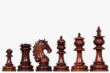 Artisan Knight Staunton chess pieces, bud rosewood and natural boxwood, hand carved in India