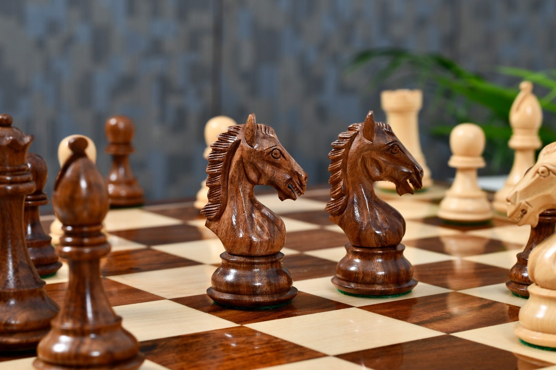 Full 34 piece Derby Knight chess set in sheesham and boxwood, Sterling Chess Australia