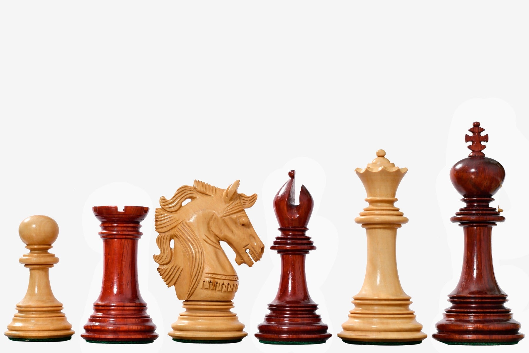 Sterling Chess Crown Heritage Series chess pieces in bud rosewood and natural boxwood, 111mm king