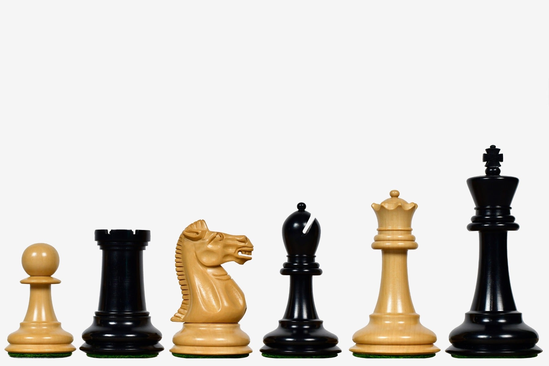 Sterling Chess 1915-25 Nimzovich Staunton chess pieces in ebony and natural boxwood, 95mm king
