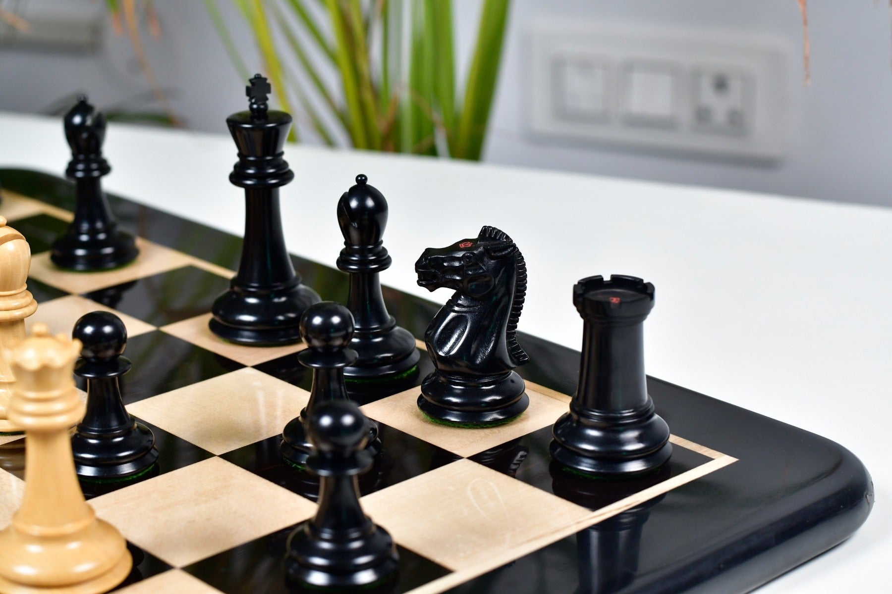 Knight carving detail on the 1915-25 Nimzovich Staunton chess pieces in ebony and natural boxwood