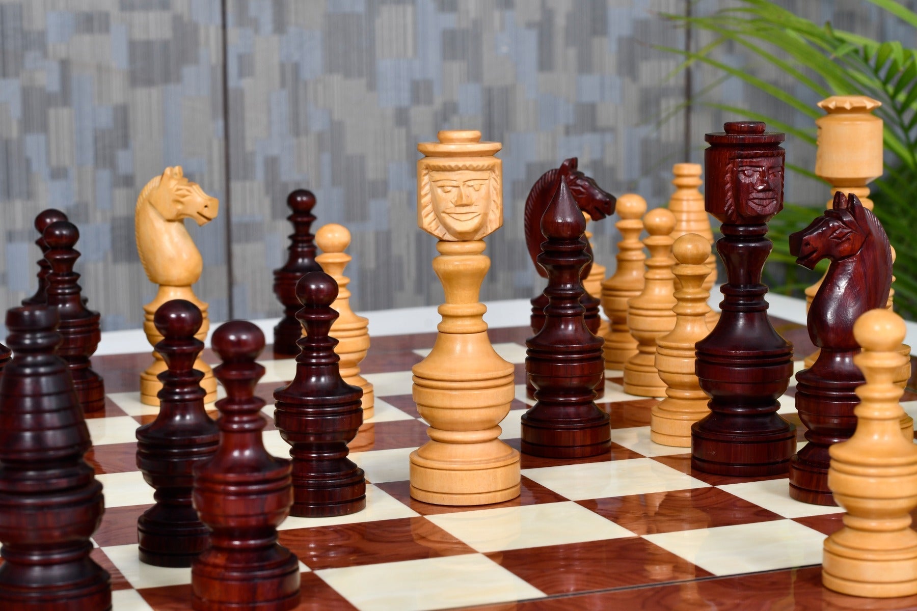Hand carved boxwood chess pieces with a 130mm king, collector edition