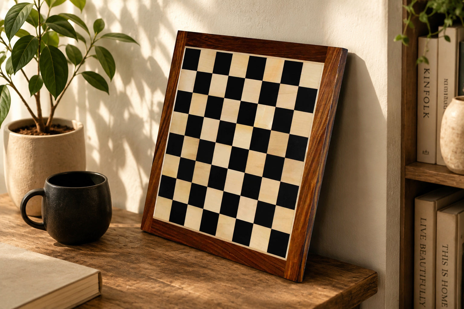 Ebony and maple sheesham border 45mm square chess board at an angle