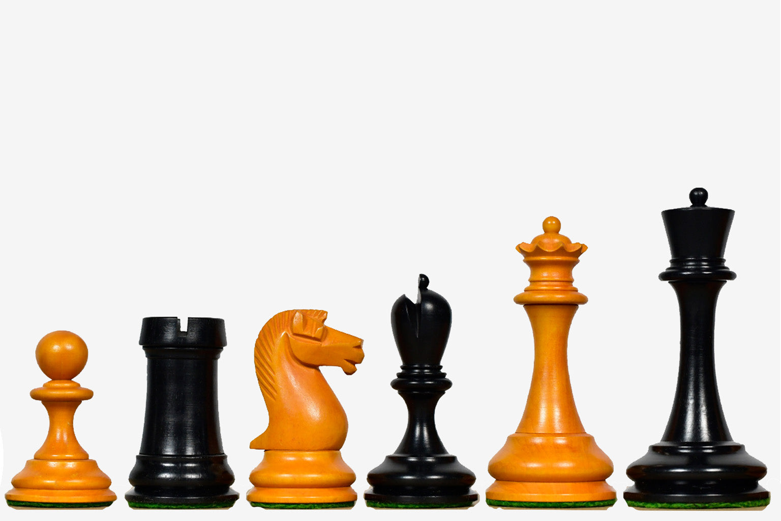 Sterling Chess B and Co 1860s Antique chess pieces in genuine ebony and antiqued boxwood, 100mm king