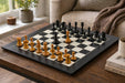 Sterling Chess B and Co 1860s Antique chess set in genuine ebony and antiqued boxwood, 100mm king, 60cm Anigre & Maple
