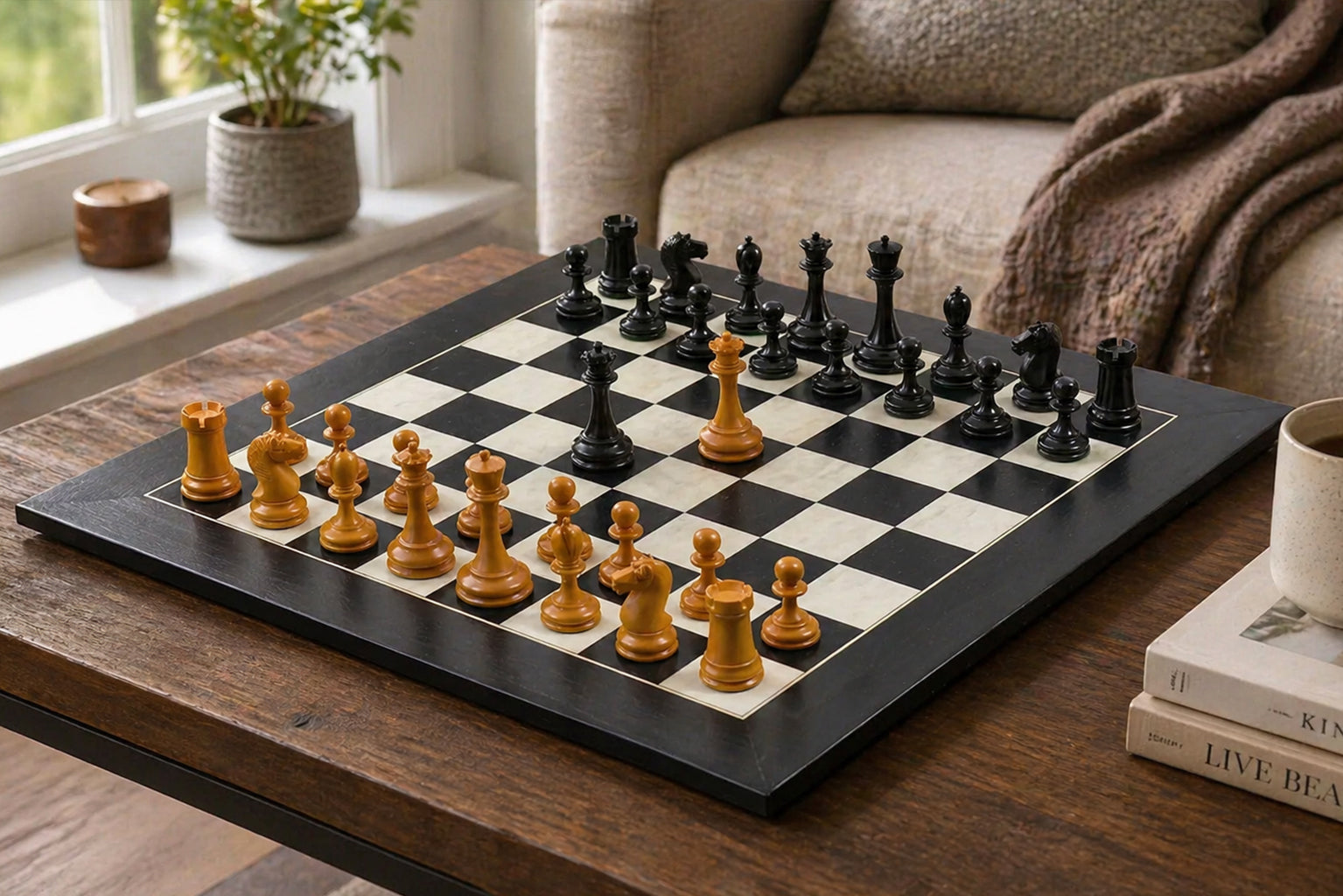 Sterling Chess B and Co 1860s Antique chess set in genuine ebony and antiqued boxwood, 100mm king, 60cm Anigre & Maple