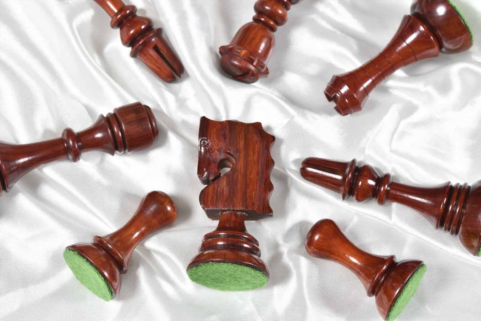 Knight carving detail on the 1929 Barcelona Joc Catalan chess pieces in bud rosewood and boxwood