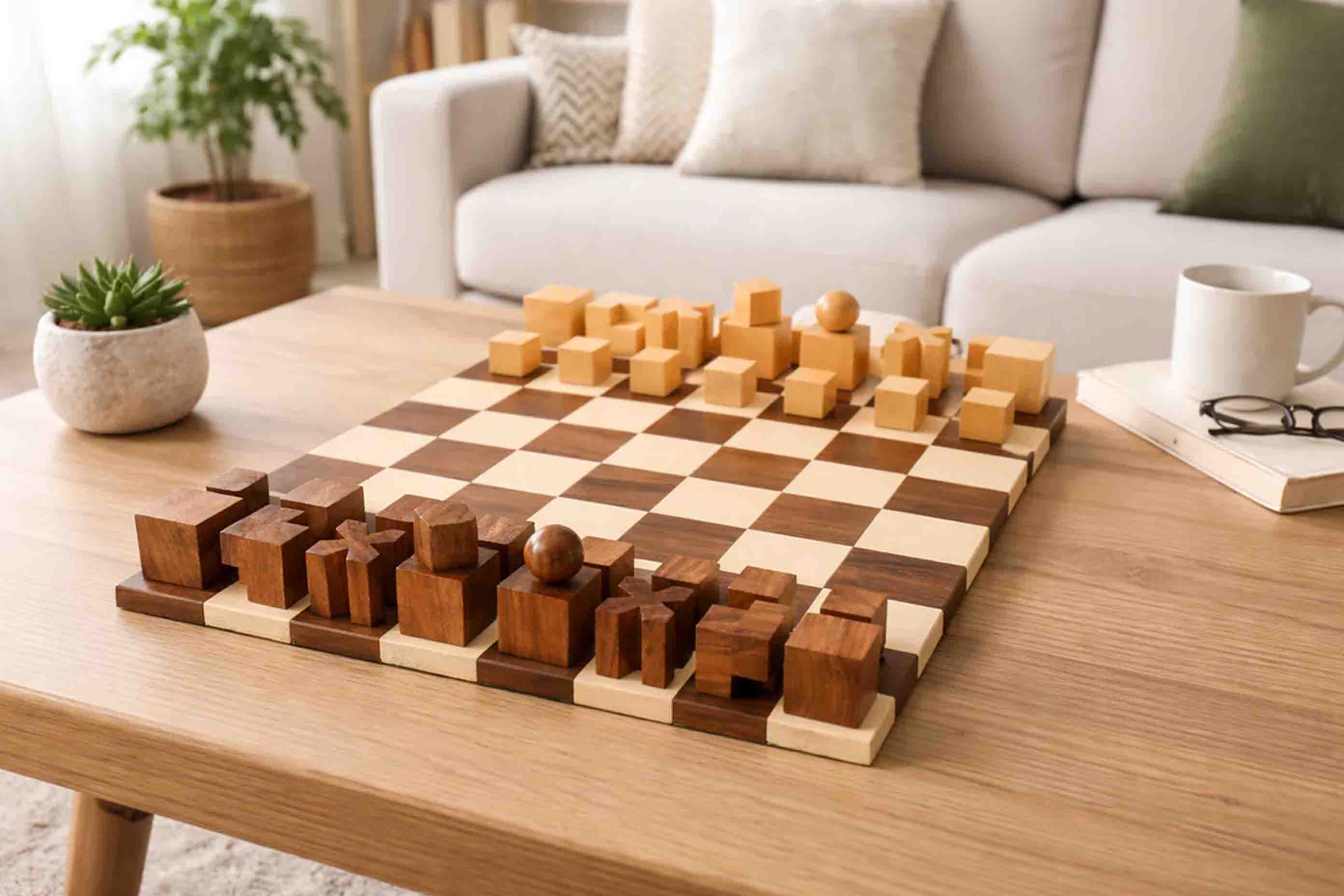 Knight carving detail on the 1924 Bauhaus Geometrical chess pieces in sheesham and boxwood