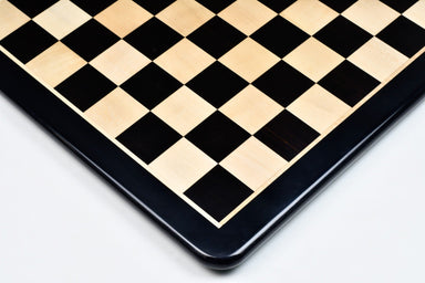 Ebony and maple 21 inch chess board photographed from above