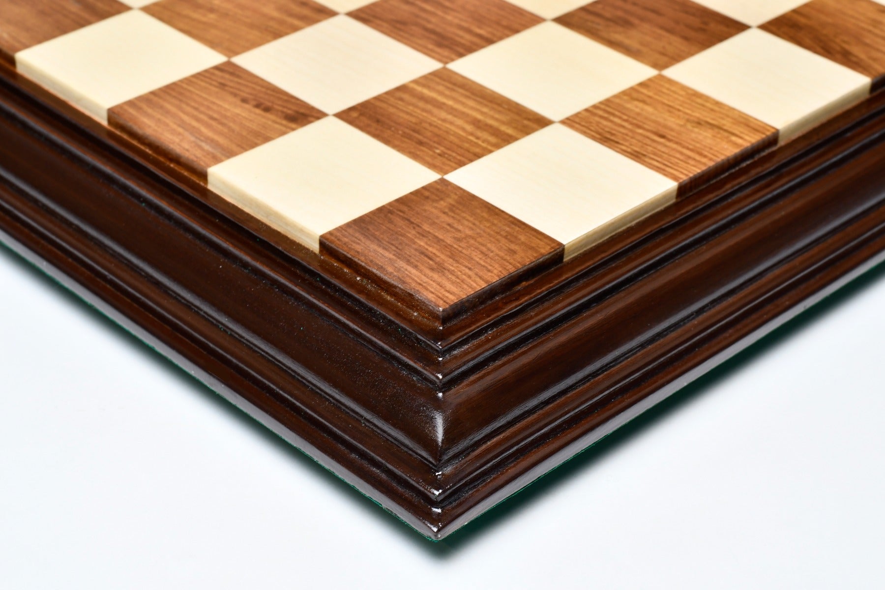 Sheesham and maple chess board with a sheesham frame, from above