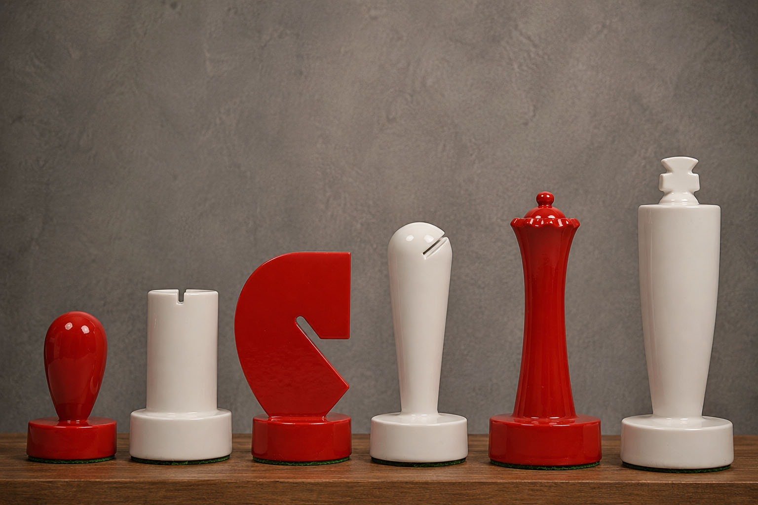 Sterling Chess Berliner Minimalist chess pieces in red and white painted boxwood, 95mm king