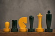 Sterling Chess Berliner Minimalist chess pieces in green and yellow painted boxwood, 95mm king