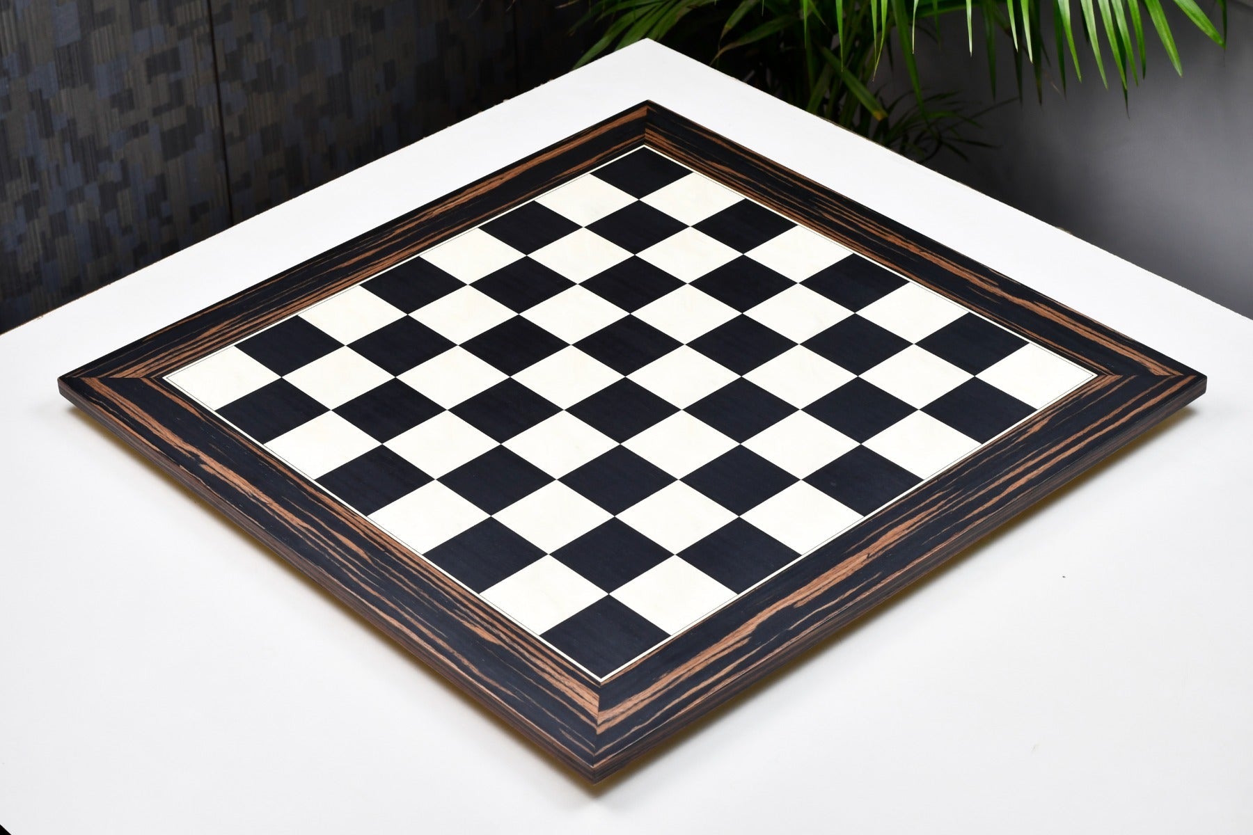 Sixty centimetre black dyed poplar and white erable chess board from above