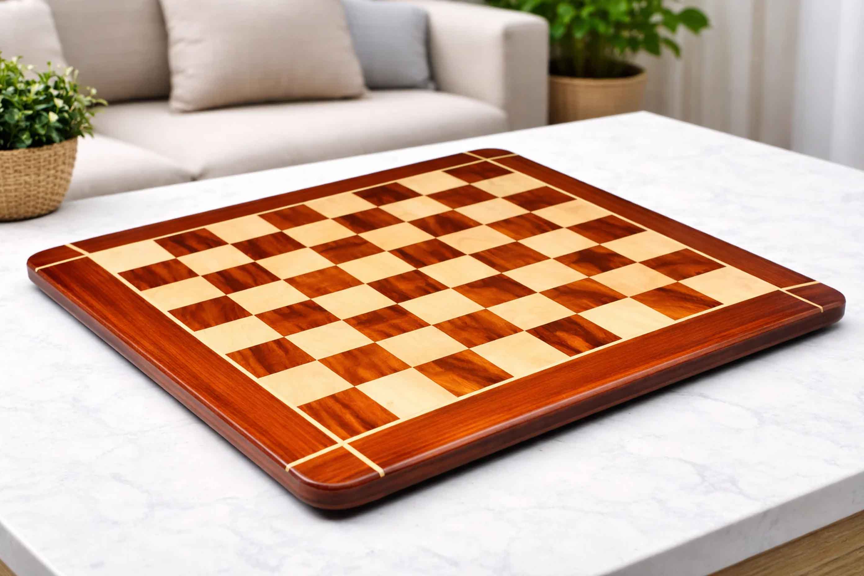 Rounded edge blood red bud rosewood and maple chess board, 58cm with 60mm squares