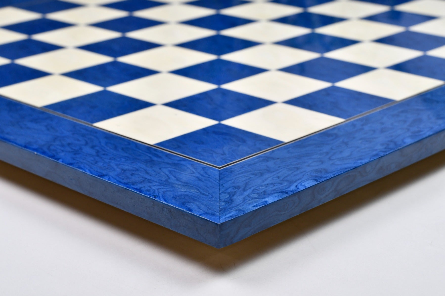 Hi-gloss blue ash burl chess board, edge view