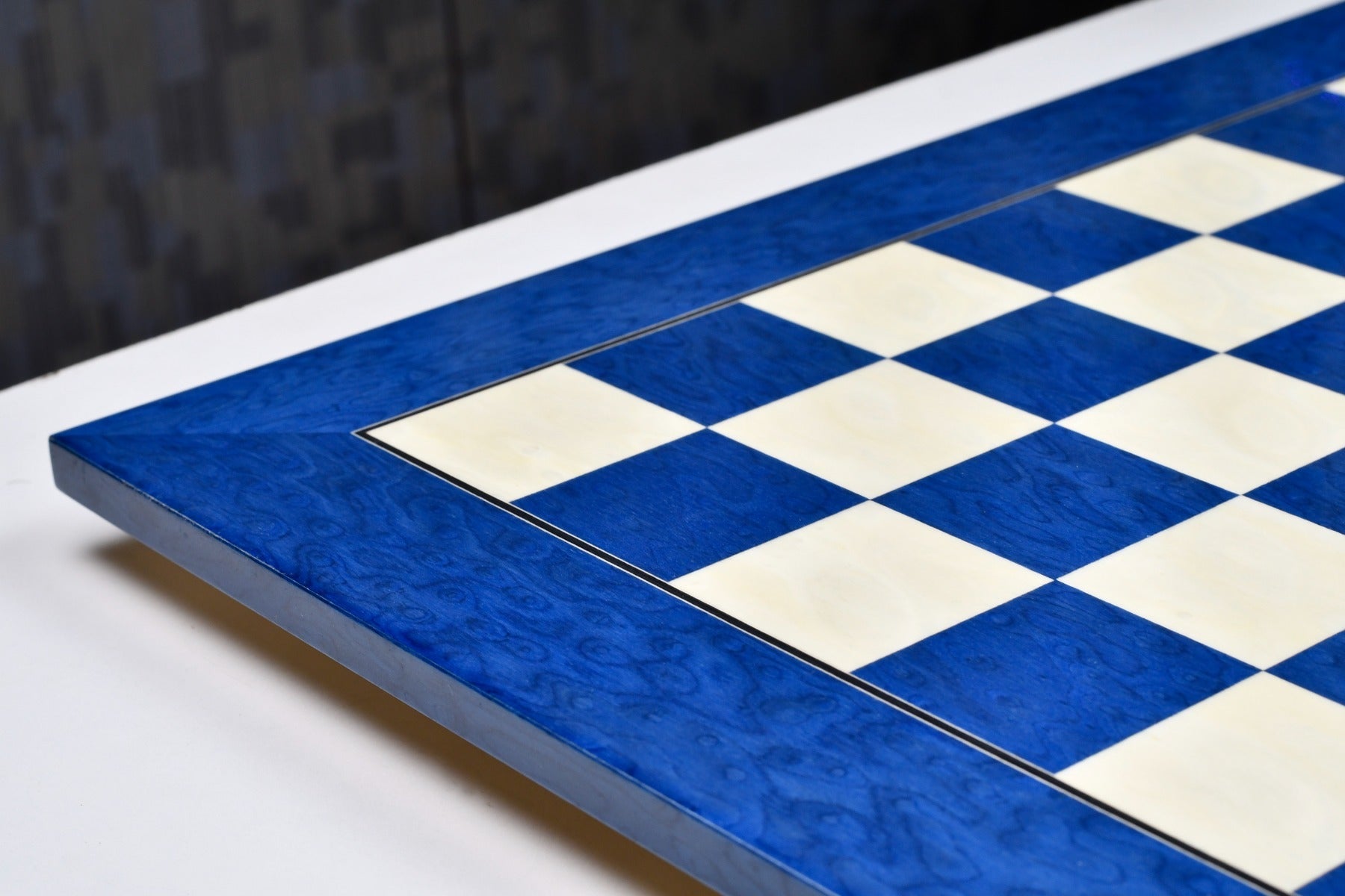 Spanish made blue ash burl and white erable veneer chess board