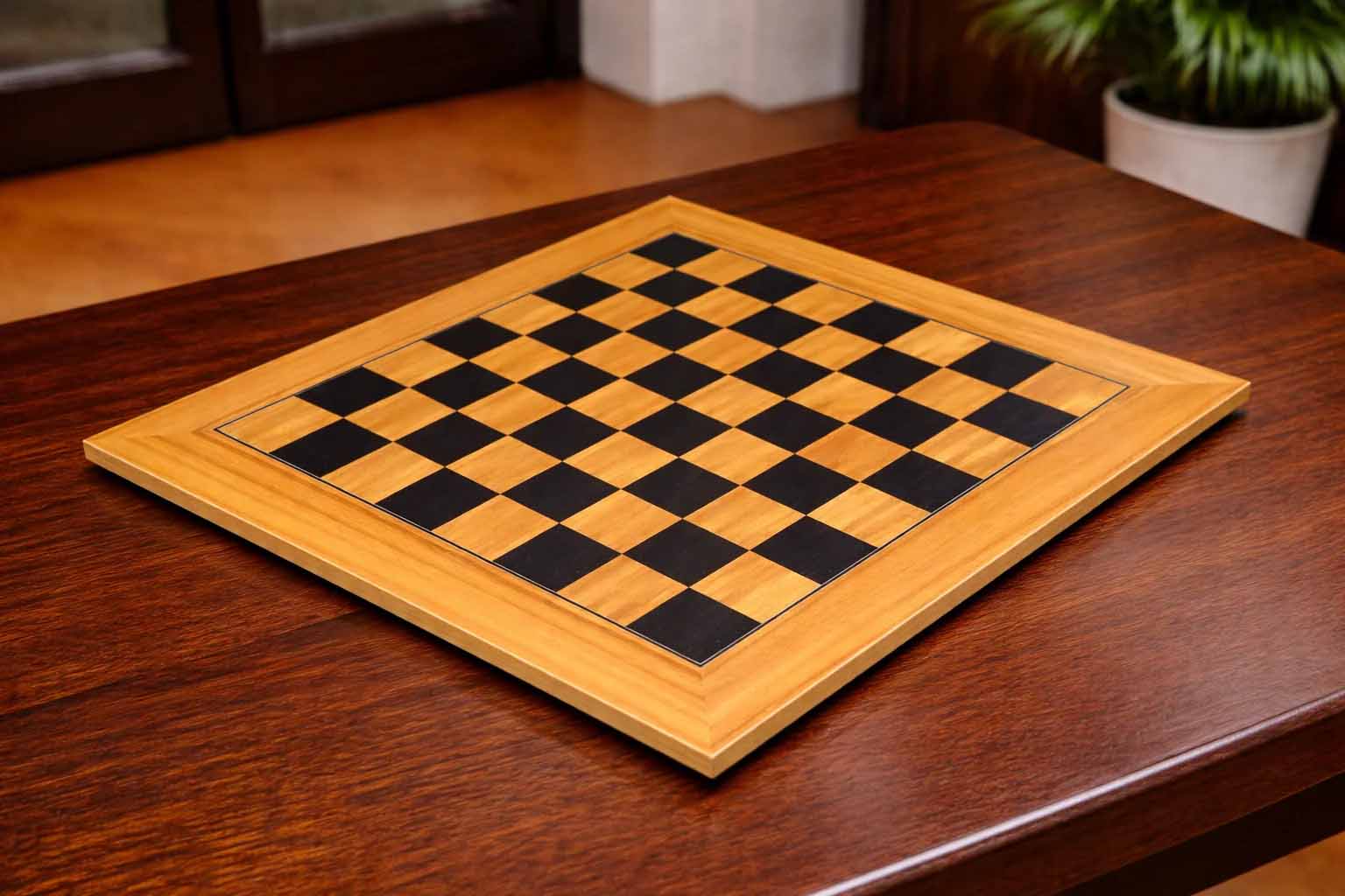 Black dyed poplar and olive veneer chess board, 55cm with 55mm squares