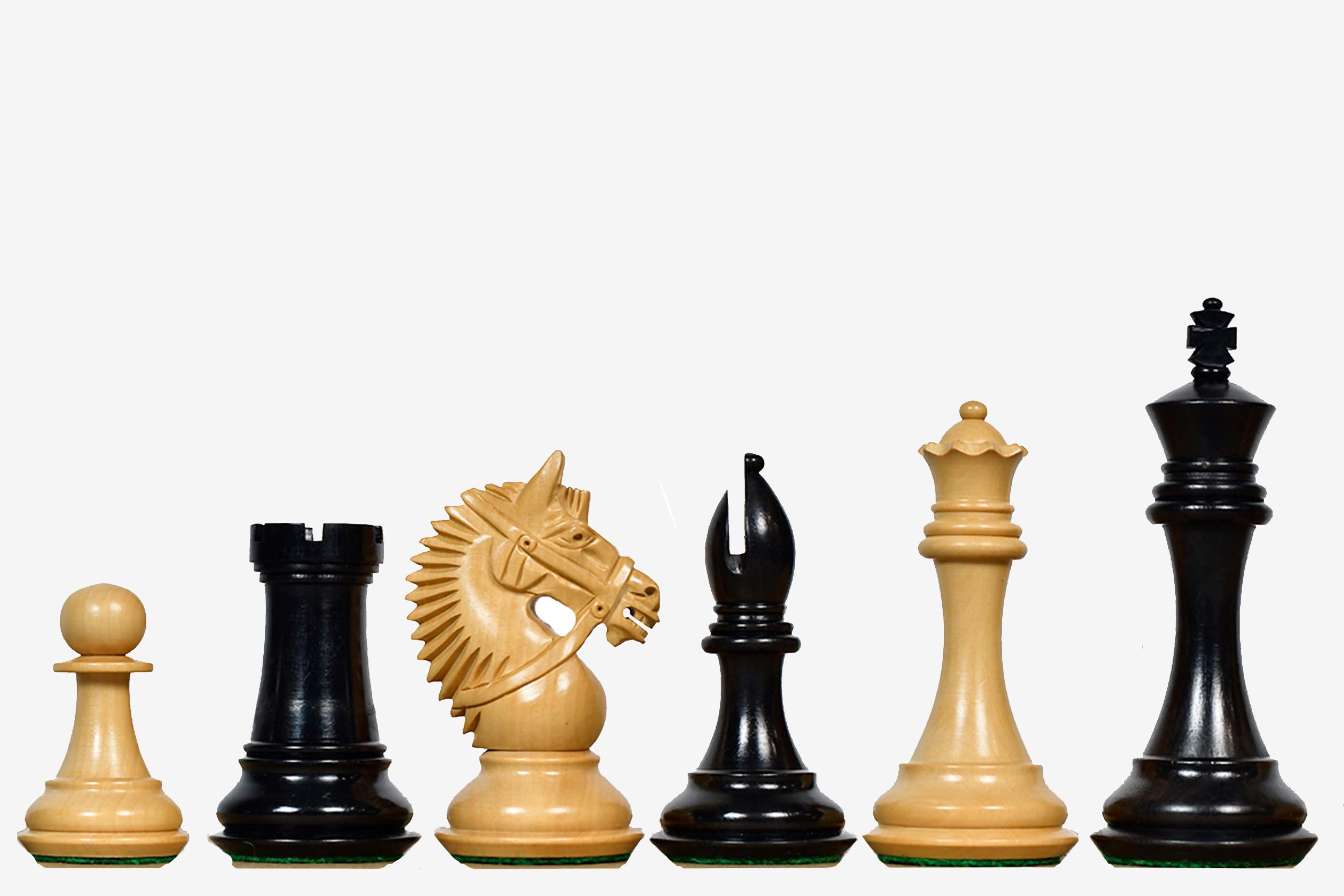 Sterling Chess American Bridle chess pieces in ebony and boxwood, 107mm king
