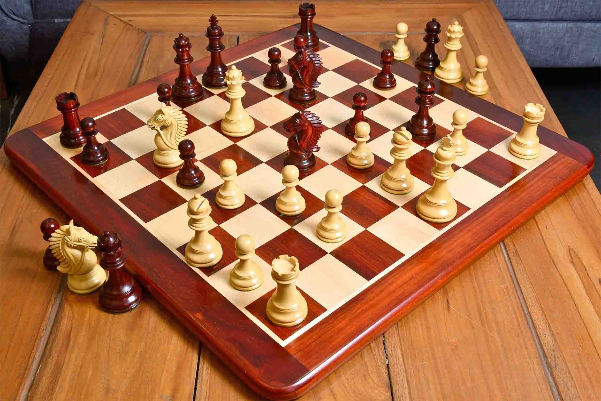 Knight carving detail on the CB Bridle Series chess pieces in bud rosewood and boxwood