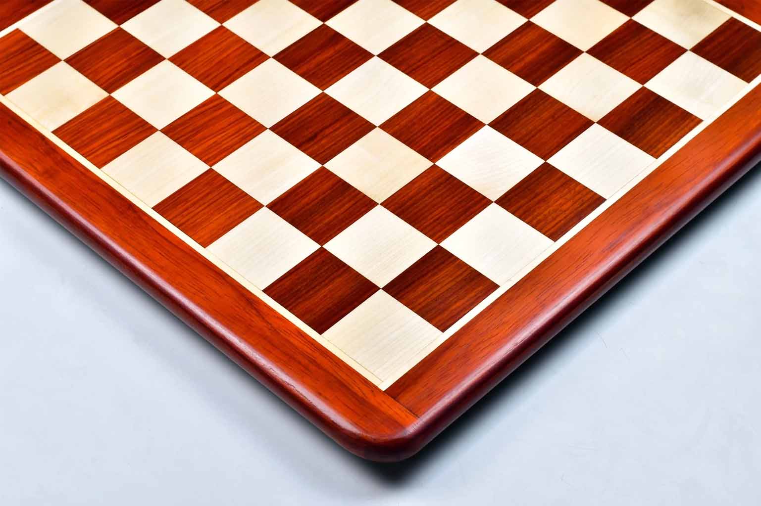Bud rosewood and maple 21 inch chess board photographed from above