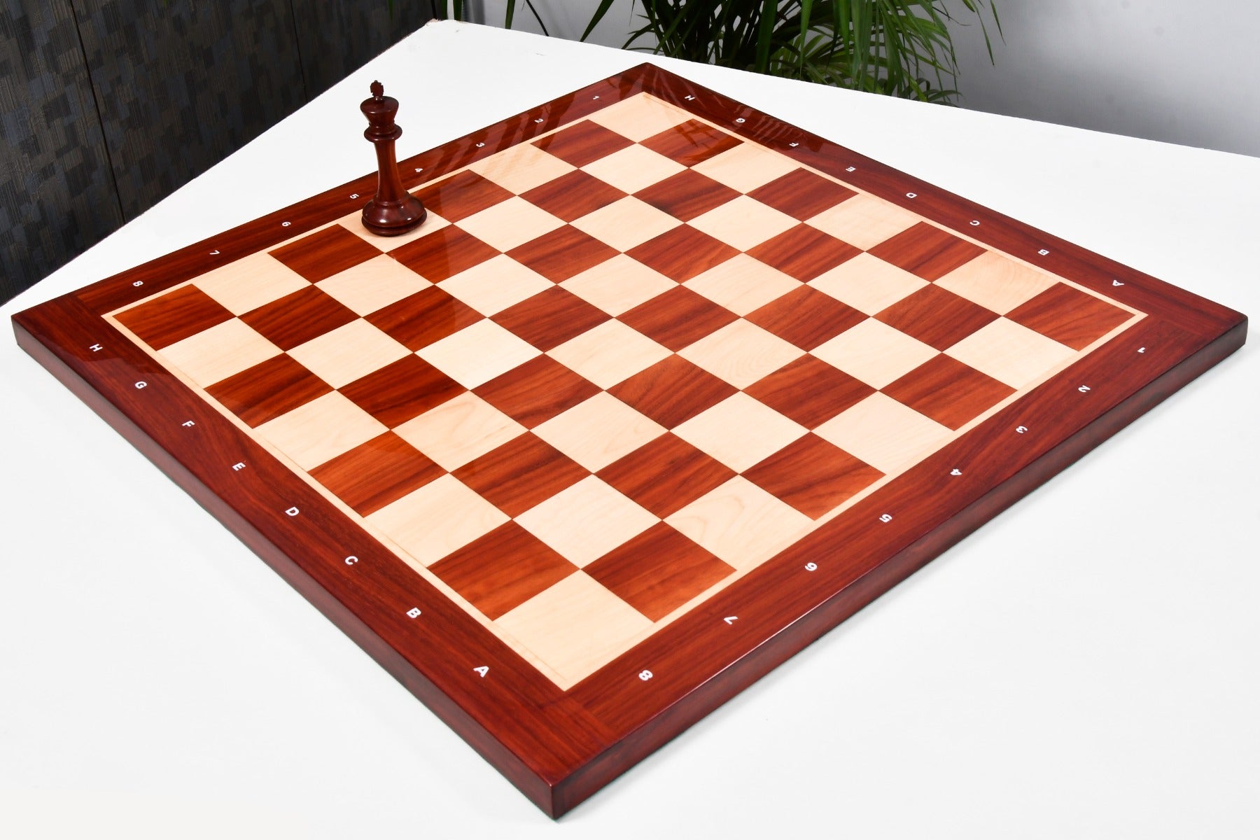 Blood red bud rosewood and maple notation chess board, 58cm with 60mm squares