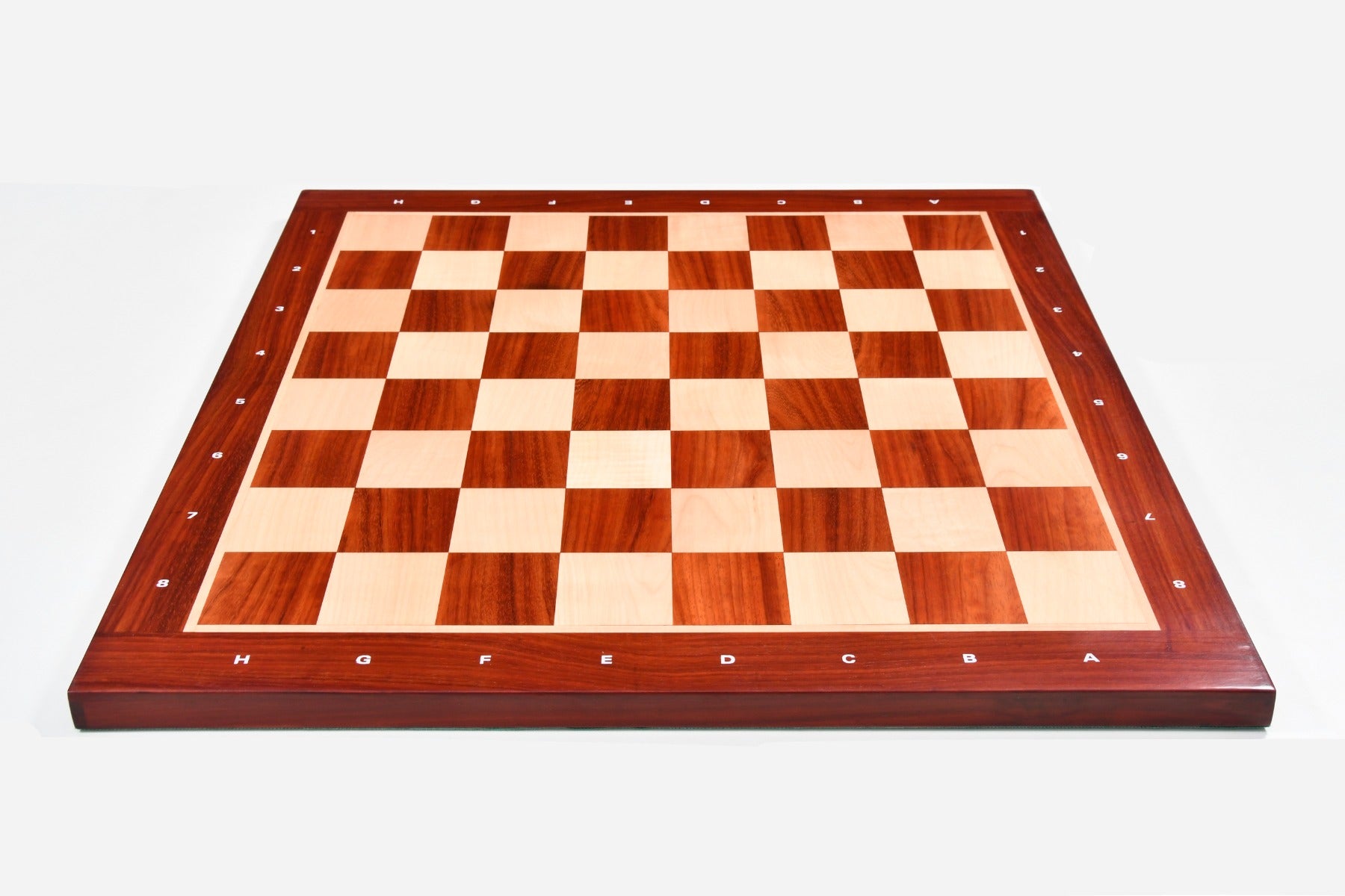 Bud rosewood and maple 60mm square notation chess board at an angle