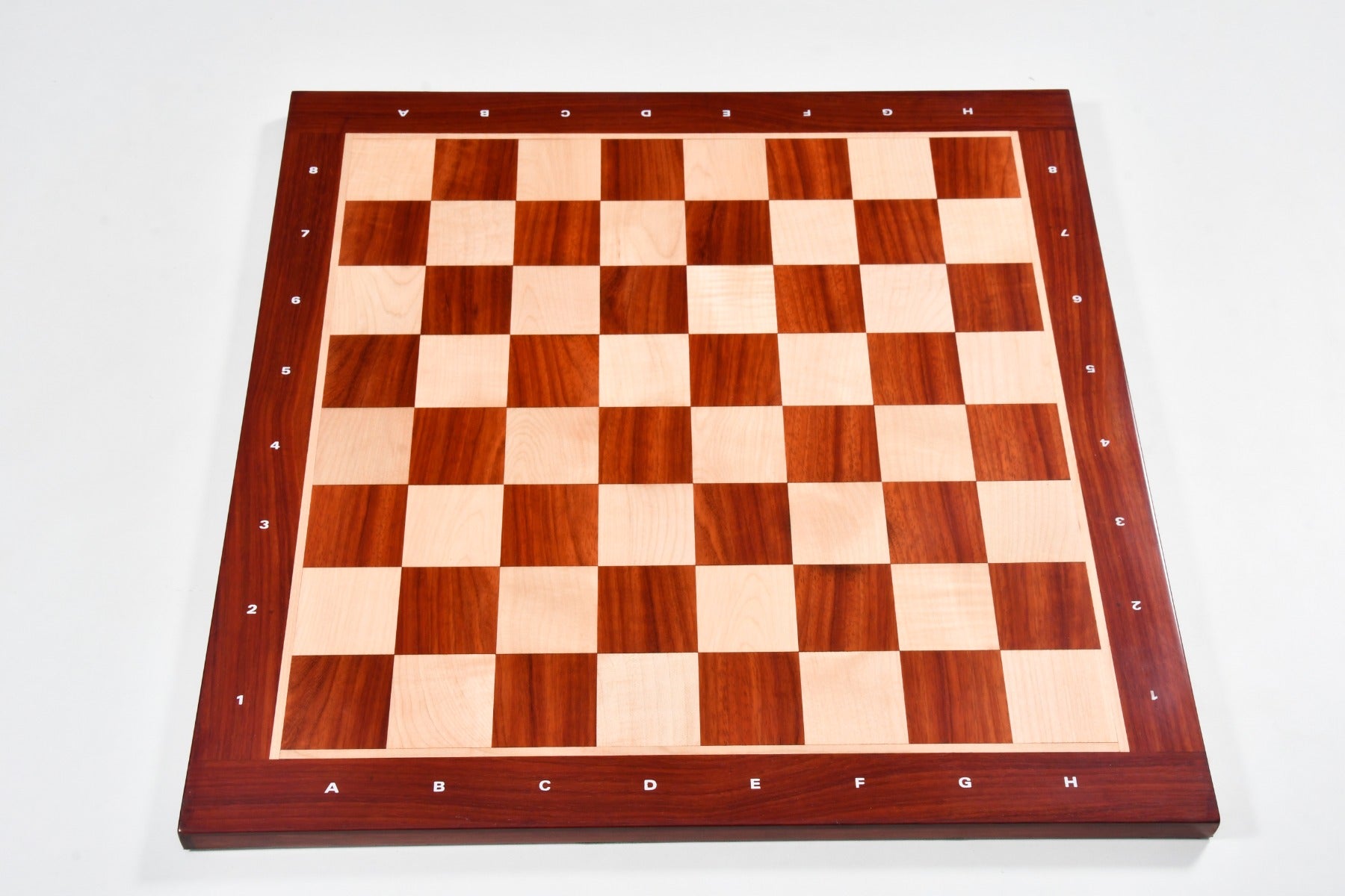 Indian bud rosewood and maple notation chess board, 23 inch