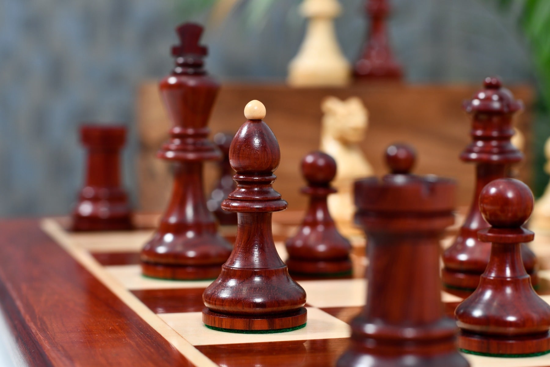 Knight carving detail on the 1950s Bohemia German chess pieces in bud rosewood and natural boxwood