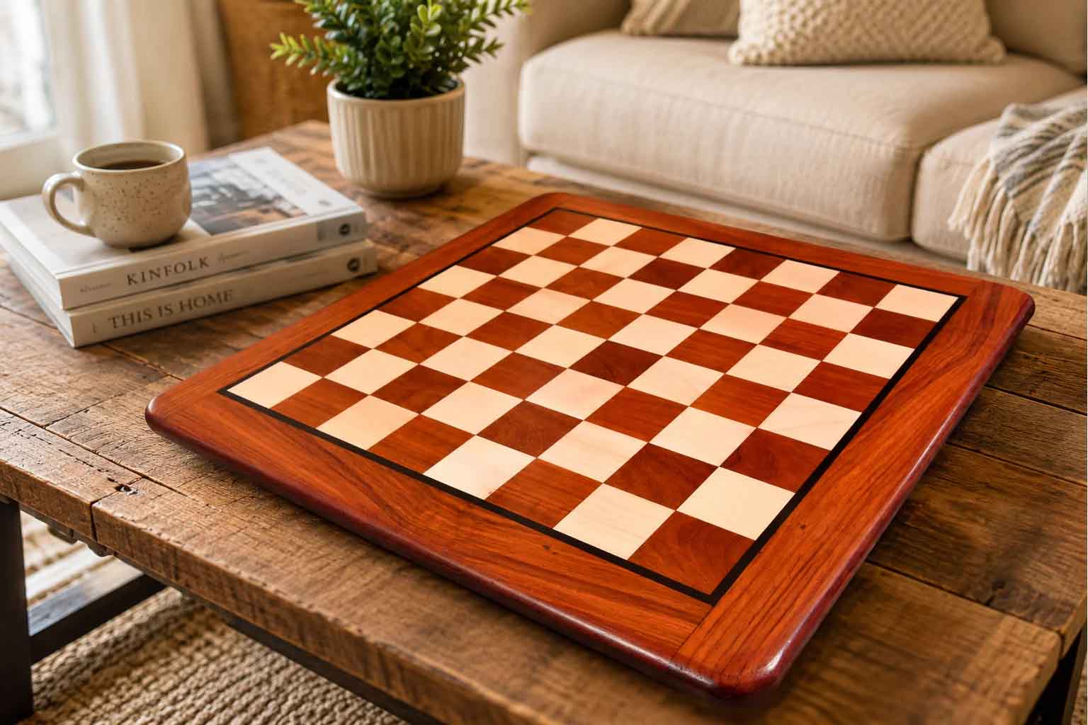 Blood red bud rosewood and maple chess board, 46cm with 45mm squares