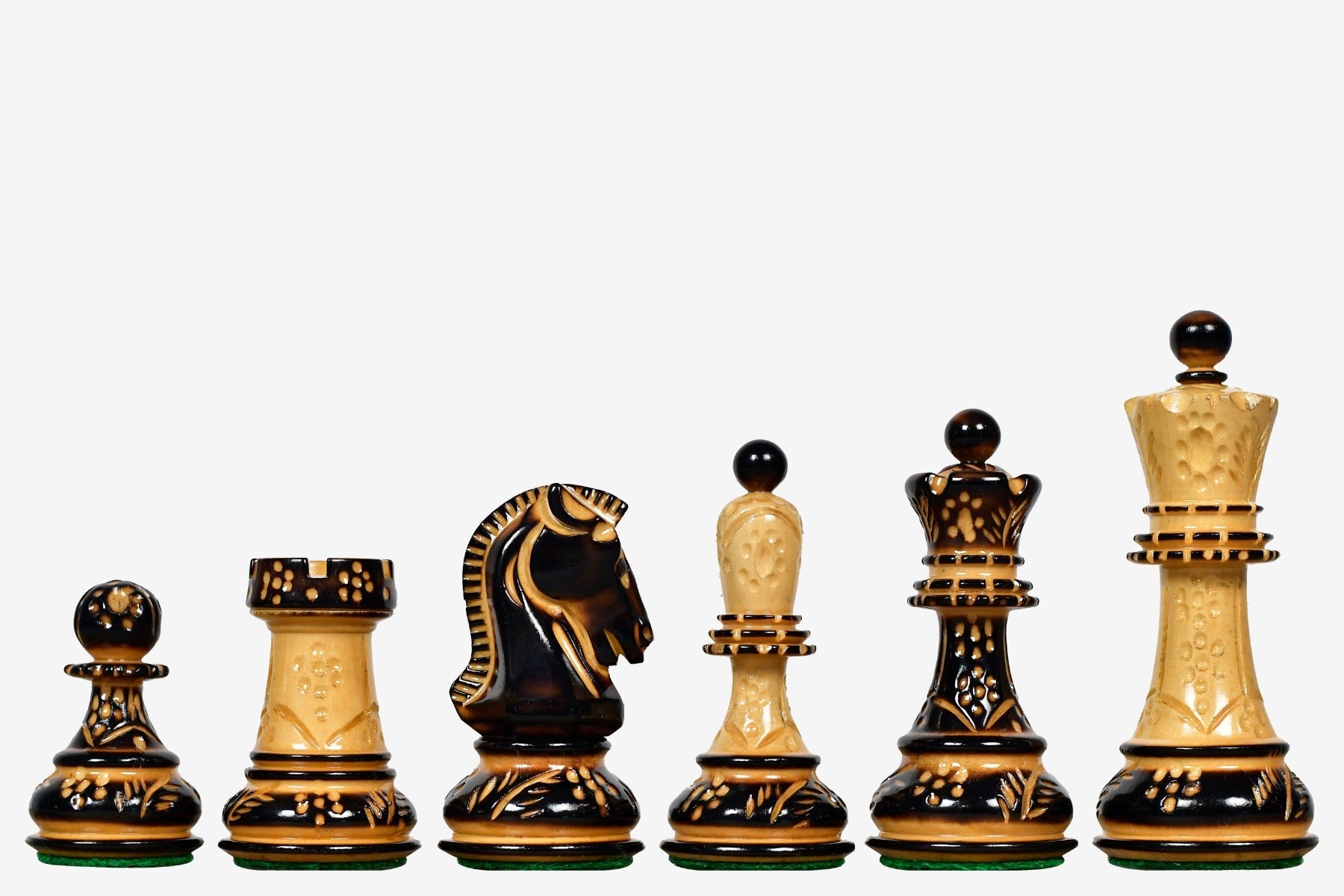 Reproduction 1950 Dubrovnik lacquered burnt boxwood chess pieces with a 94mm king