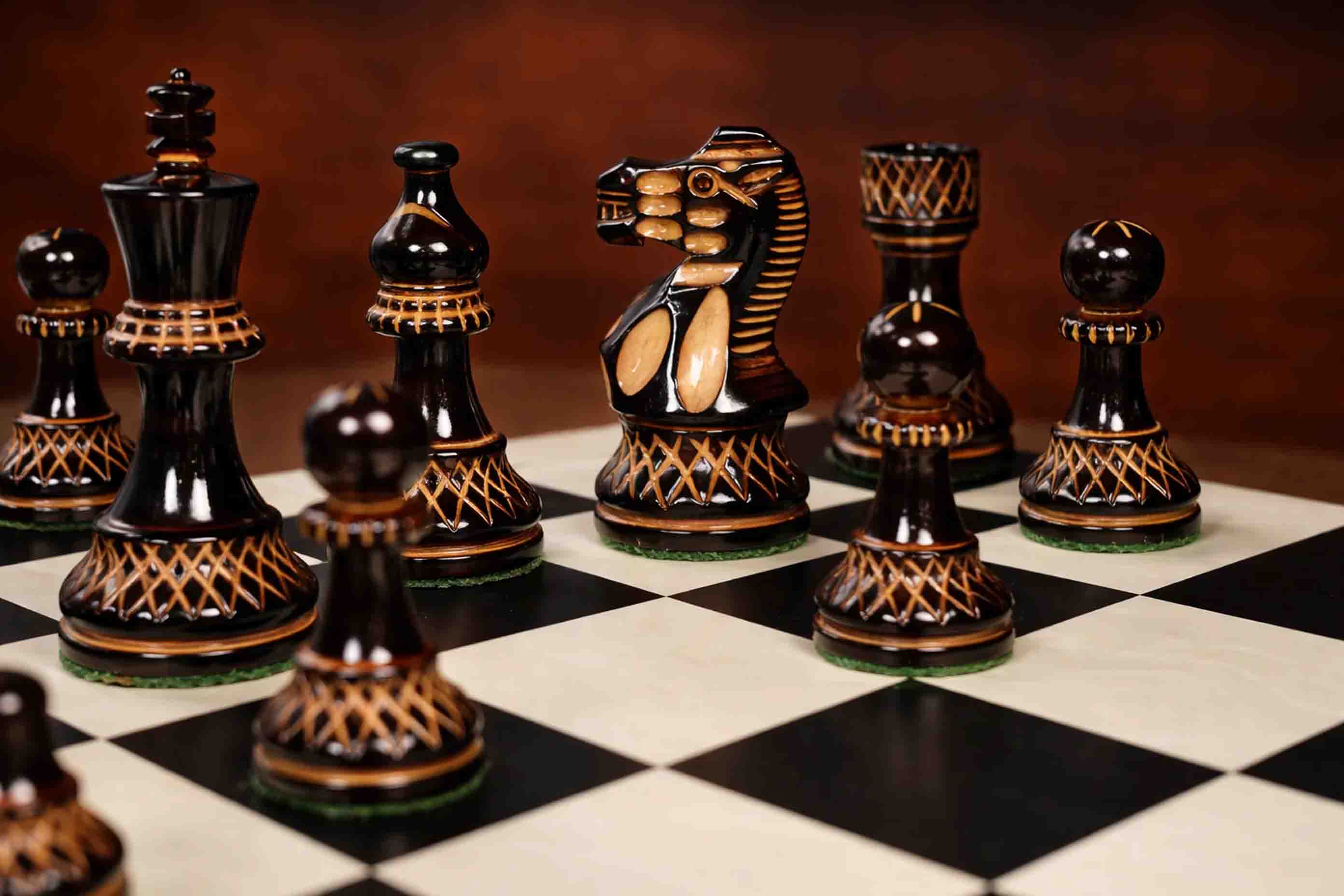 Burnt Blazed Lacquered wooden chess pieces, 97mm king, Lacquered burnt boxwood finish