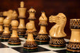 Full 34 piece Burnt Blazed Lacquered chess pieces in lacquered burnt boxwood and natural boxwood, Sterling Chess Australia