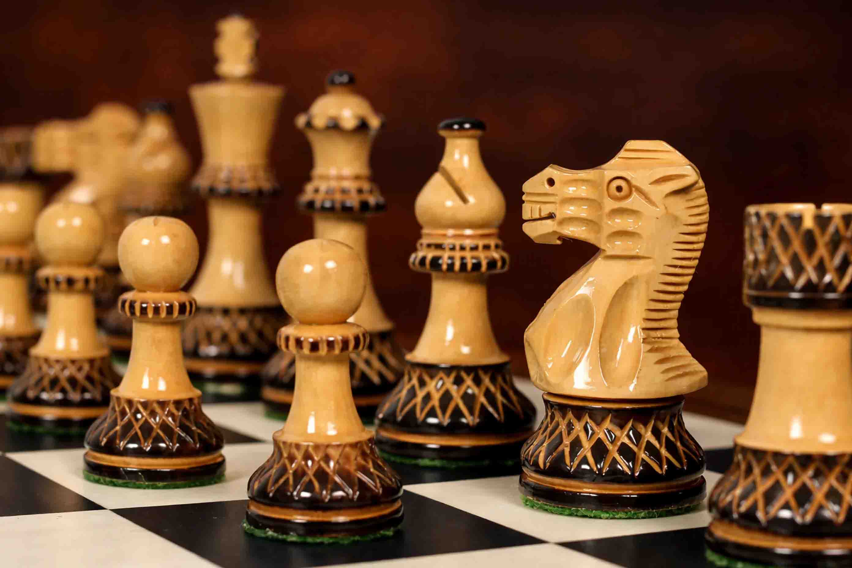 Full 34 piece Burnt Blazed Lacquered chess pieces in lacquered burnt boxwood and natural boxwood, Sterling Chess Australia