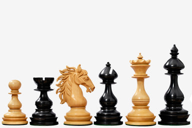 Sterling Chess Wild Stallion chess pieces in ebony and boxwood, 112mm king