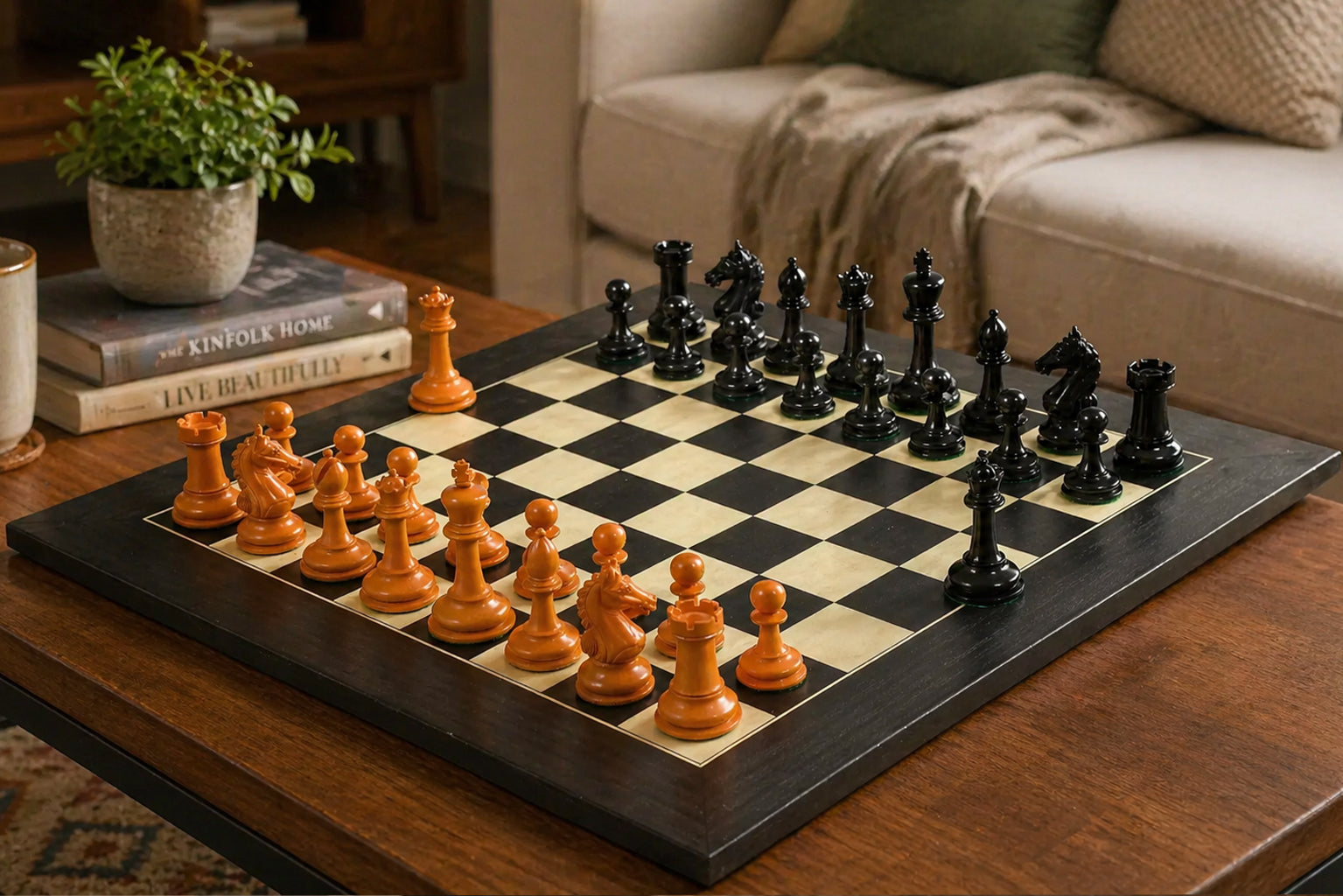 Sterling Chess Ancient Indian Warrior chess set in genuine ebony and antiqued boxwood, 104mm king