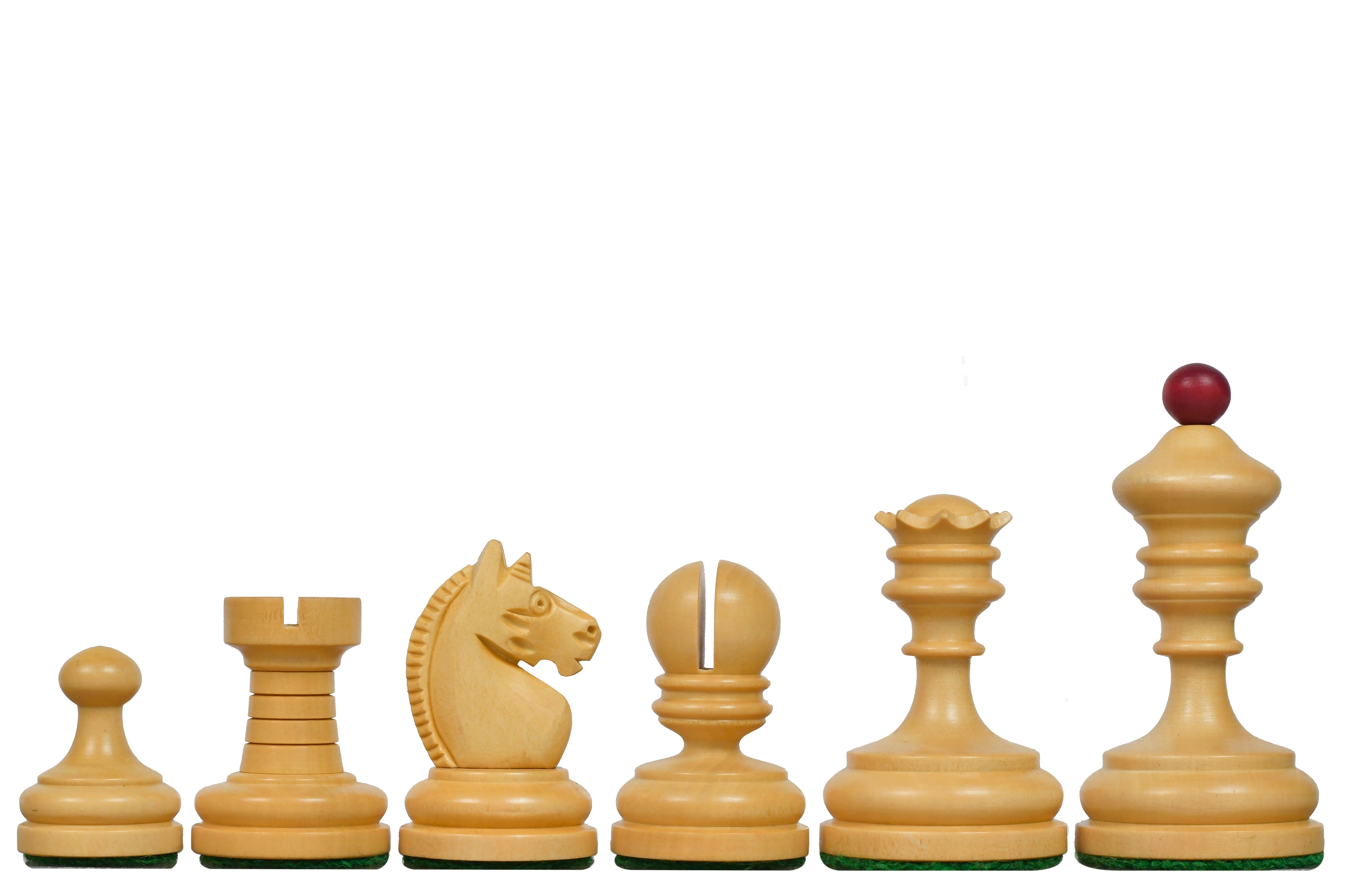 Stained crimson chess pieces with a 74mm king and weighted felted bases