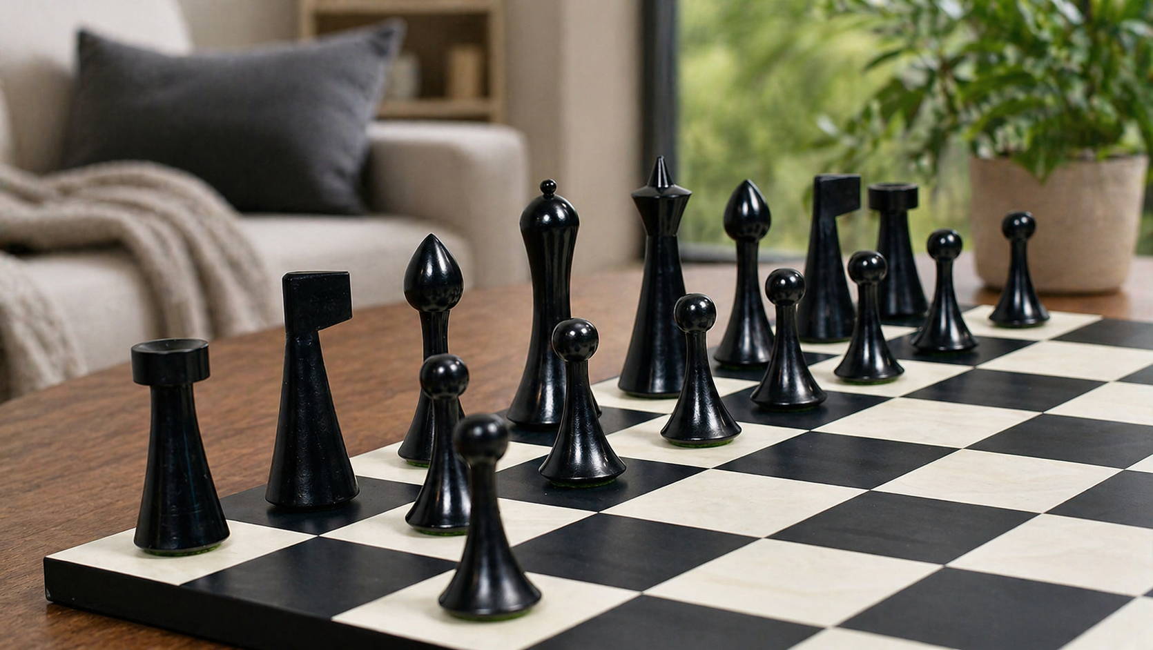 Hermann Ohme Minimalist wooden chess pieces, 95mm king, Ebonised finish