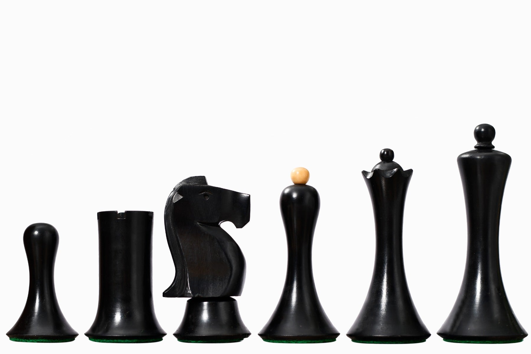 Minimalist Soviet Style Staunton chess pieces, ebonised and natural boxwood, hand carved in India