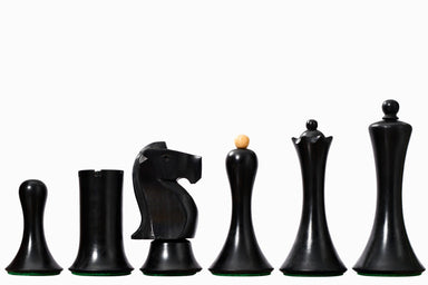 Minimalist Soviet Style Staunton chess pieces, ebonised and natural boxwood, hand carved in India