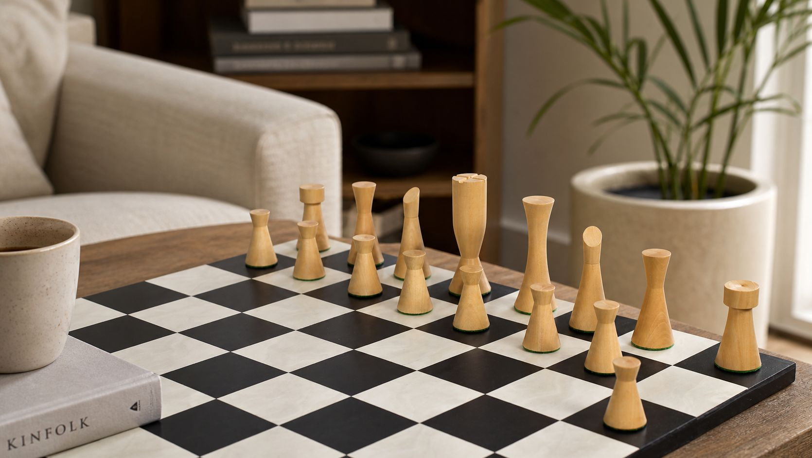 Full 34 piece Minimalist Midnight chess set in ebonised and natural boxwood, Sterling Chess Australia