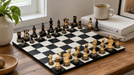 Knight carving detail on the Burnt Blazed Series chess pieces in burnt boxwood and natural boxwood