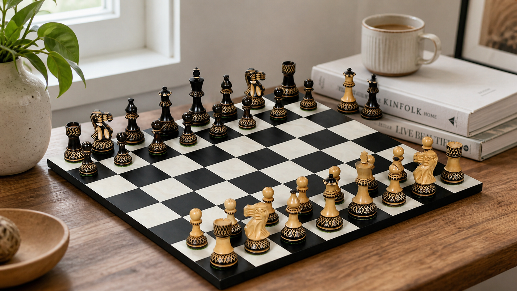 Knight carving detail on the Burnt Blazed Series chess pieces in burnt boxwood and natural boxwood