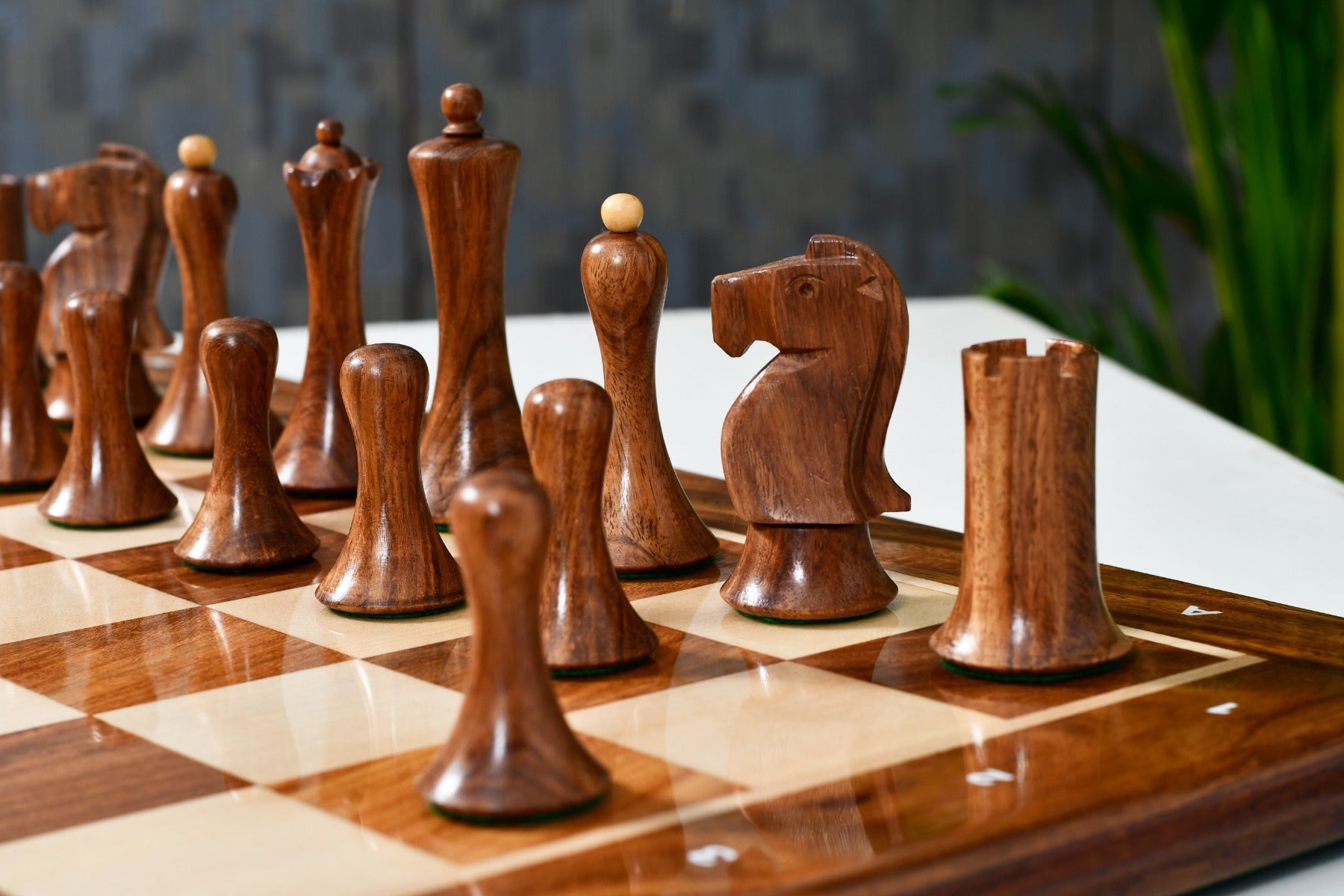 Knight carving detail on the Minimalist Soviet Style chess pieces in sheesham and boxwood