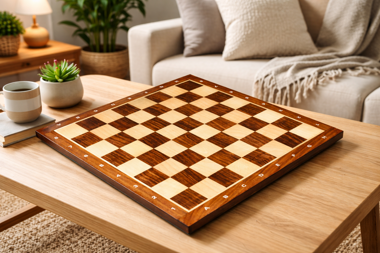 Sheesham and maple notation chess board, 37cm with 38mm squares