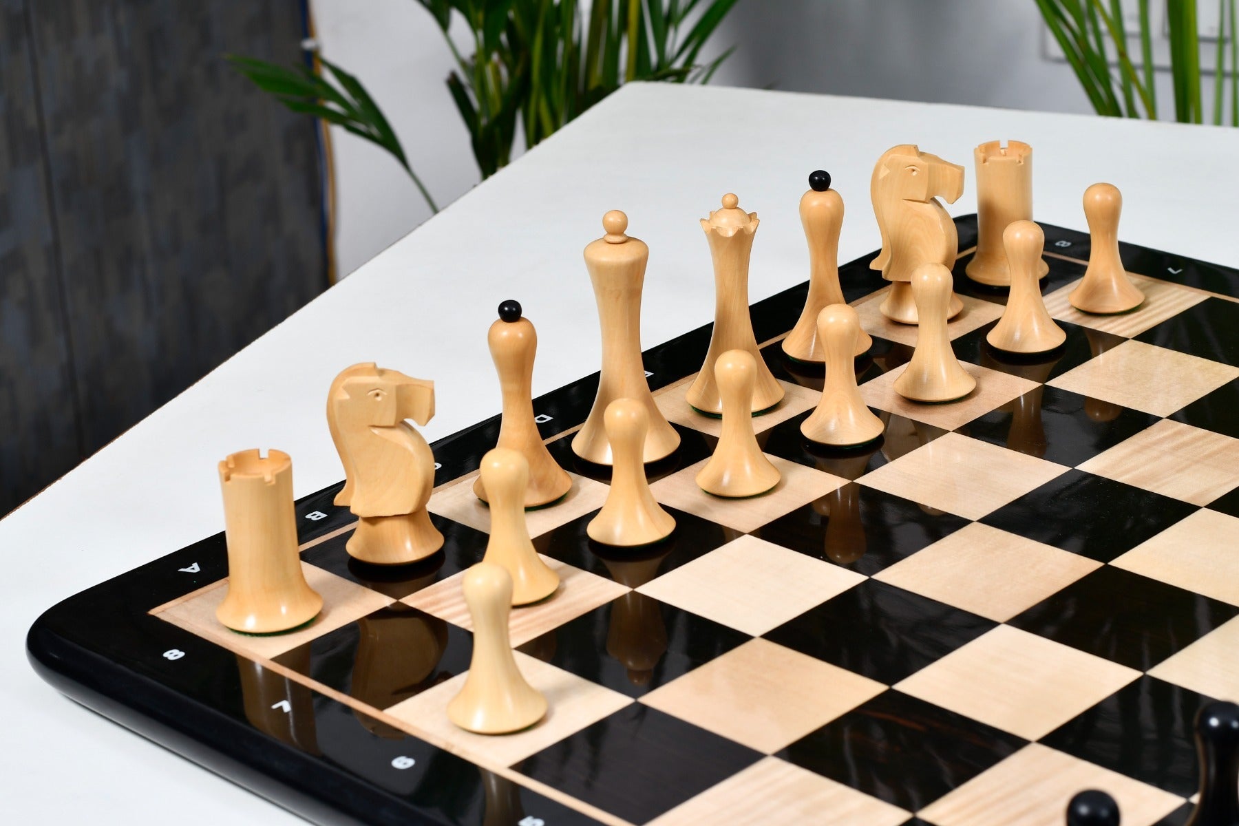 Minimalist Soviet Style wooden chess pieces, 93mm king, Ebonised finish