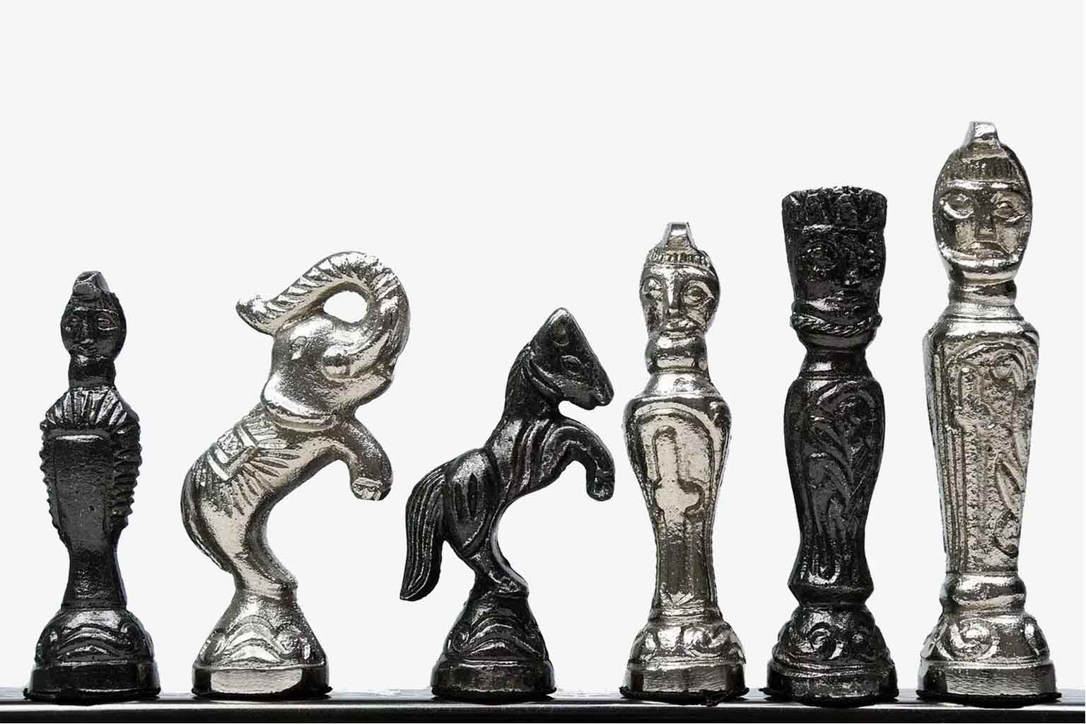 Shiny black and silver vintage figure chess pieces with a 92mm king