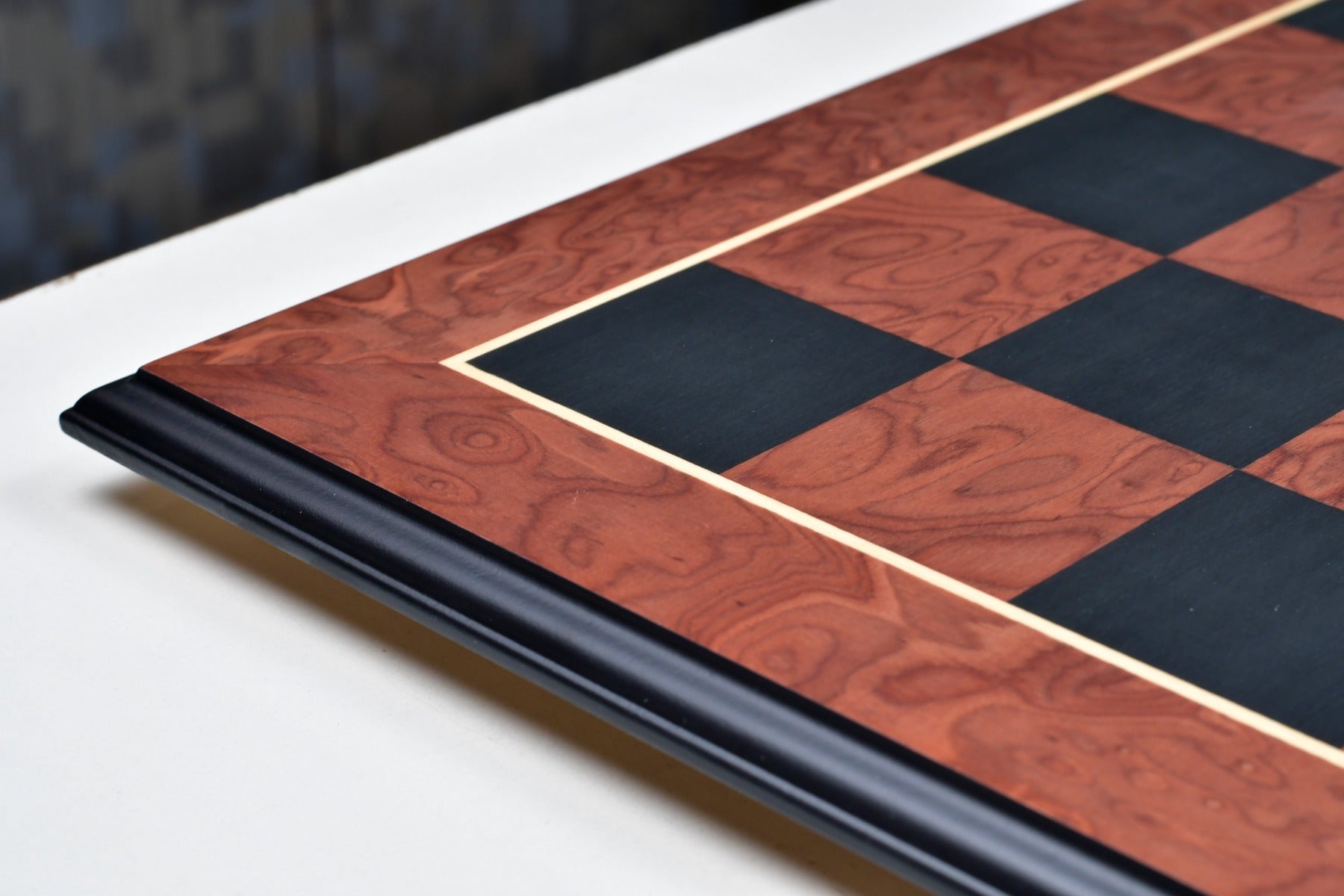 Spanish made black anigre and red ash burl veneer chess board