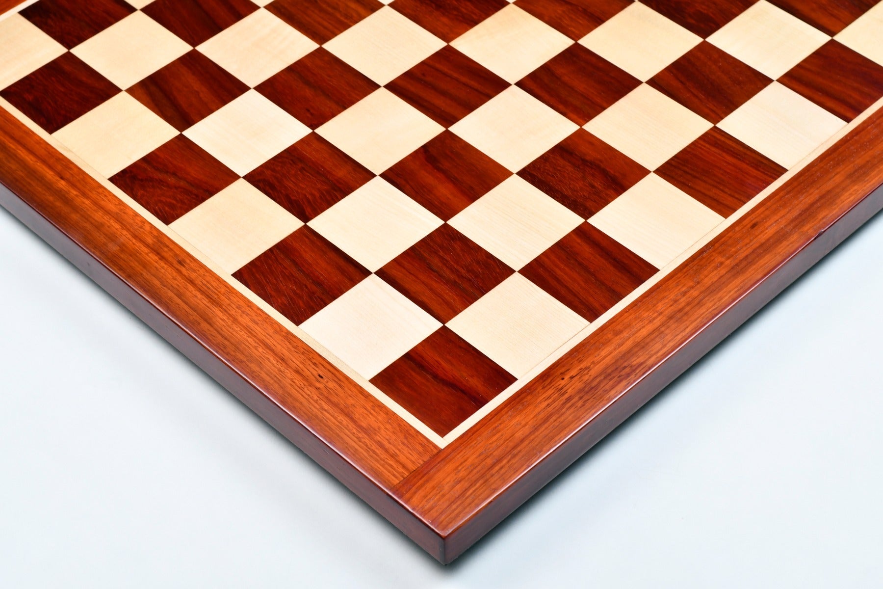 Bud rosewood and maple chess board photographed from above