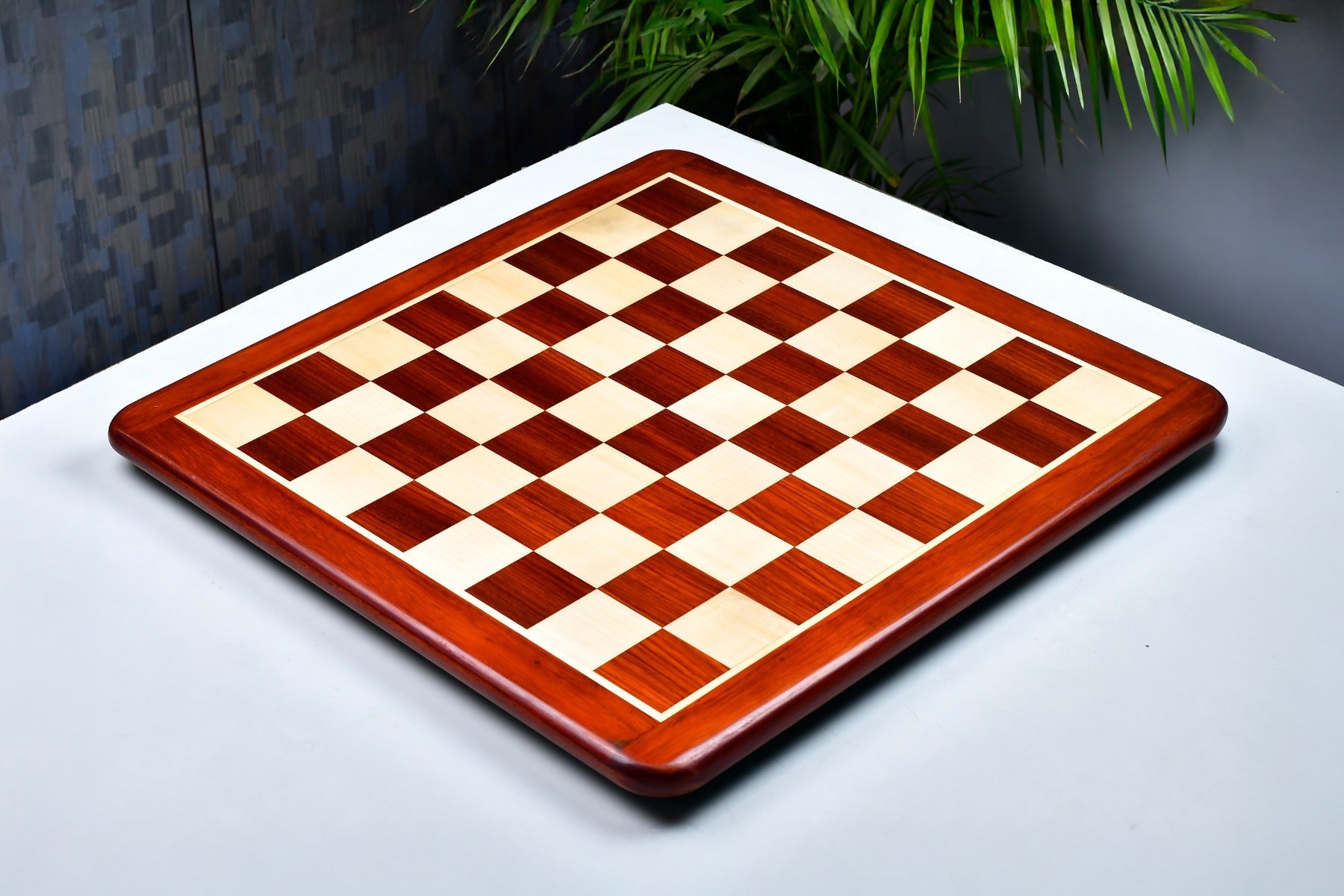 Bud rosewood and maple 19 inch chess board photographed from above